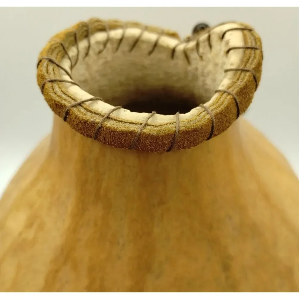 Handmade Gourd Vase Leather Wrapped Crystal Beads Fringe Folk Art Boho Artisian